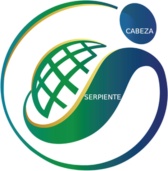 Ilustración abstracta que representa dos elementos entrelazados, uno con textura de cuadrícula sobre un fondo esmeralda simbolizando "CABEZA" y otro liso que representa "SERPIENTE", ambos unidos por líneas curvas doradas y azul oscuro, evocando la representación de la Mazzaroth en arte contemporáneo.