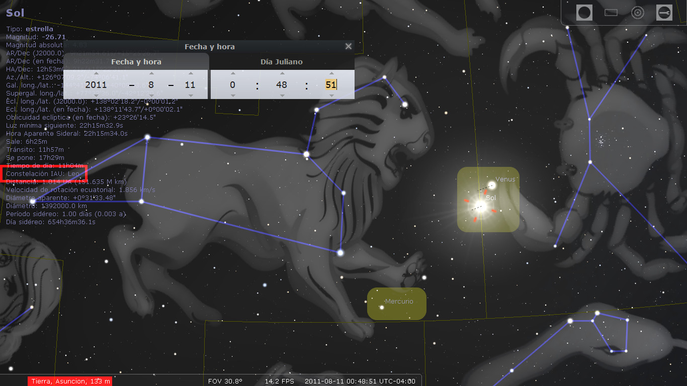 Captura de pantalla de un software astronómico mostrando el cielo nocturno con representaciones artísticas de las constelaciones, incluida una gran figura de un león en el centro, conectada por líneas que forman parte del Mazzaroth. Paneles de información muestran datos astronómicos y posiciones de cuerpos celestes como Venus y Sol.