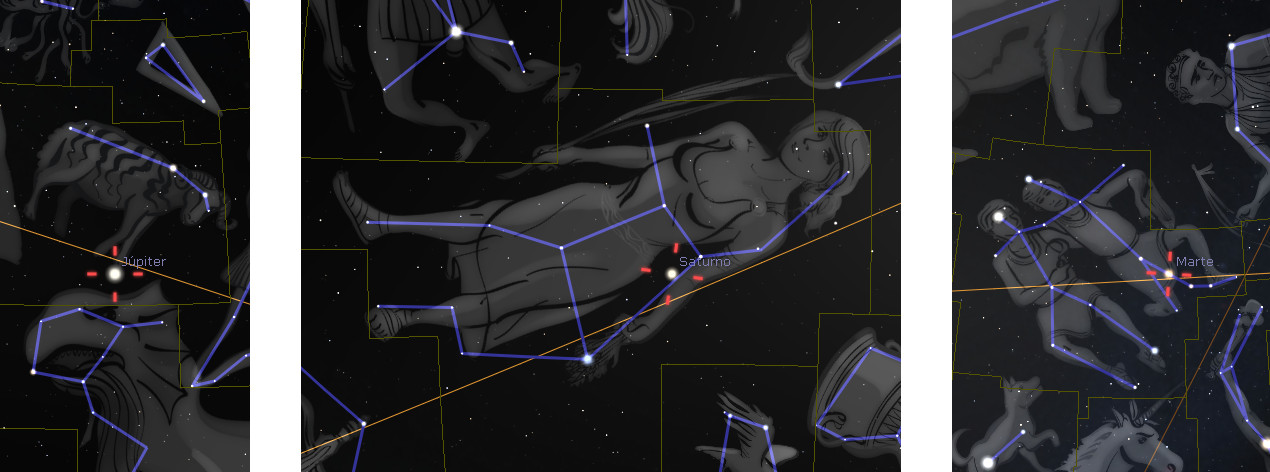Ilustración digital de un mapa estelar que muestra constelaciones con líneas azules conectando estrellas importantes sobre un fondo espacial oscuro. Se destacan tres constelaciones principales junto con planetas visibles como Júpiter, Saturno y Marte, etiquetados con sus nombres correspondientes.