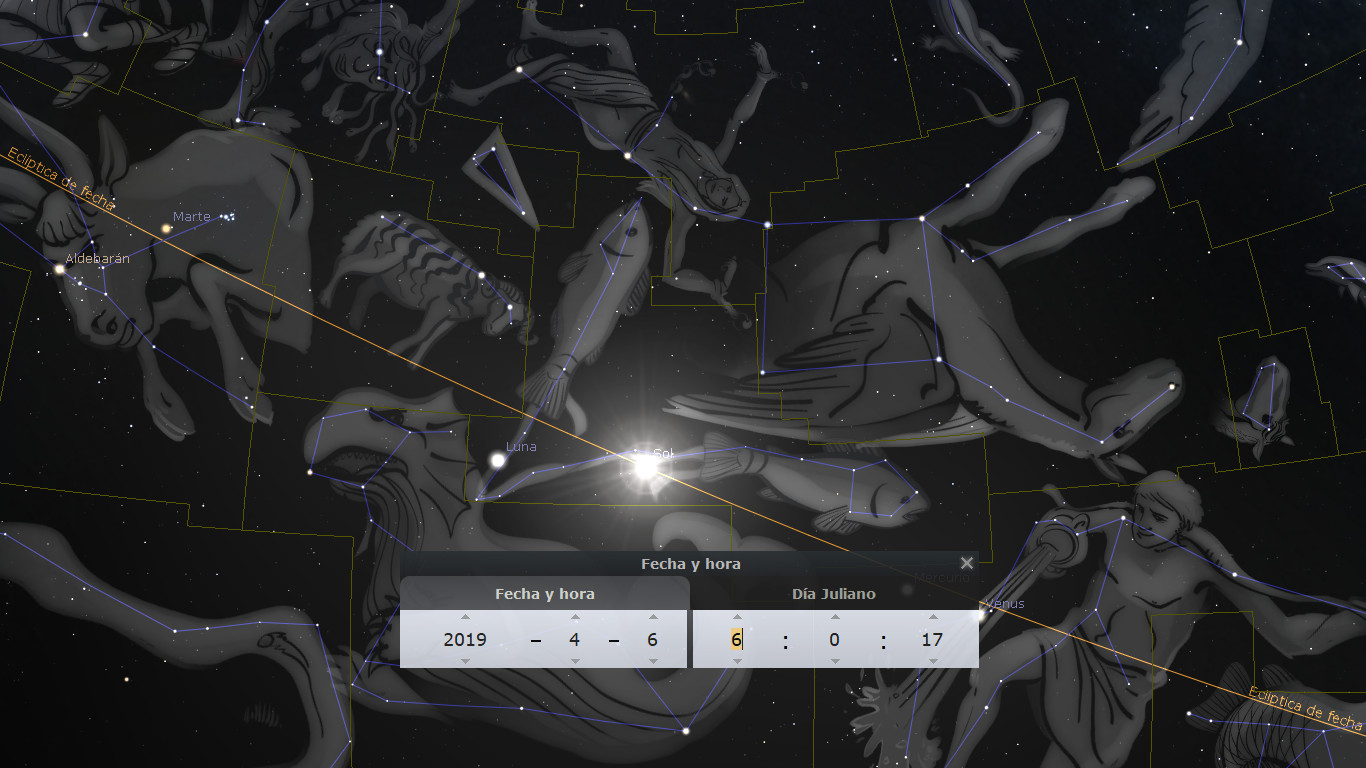 Representación artística de la bóveda celestial, mostrando constelaciones visibles como figuras humanas y animales conectadas con líneas azules claras, con estrellas individuales visibles. Elementos destacados incluyen Marte y la Luna cerca del centro y etiquetas que muestran Aldebarán y otras características astronómicas. La ventana inferior muestra fecha y hora específica del avistamiento.