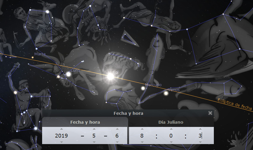 Representación gráfica del cielo nocturno mostrando constelaciones y planetas como Marte, Luna, Sol, Mercurio y Venus. Un programa muestra la fecha y hora específica, siendo el 6 de mayo de 2019 a las 8:00. Las constelaciones están conectadas por líneas que forman figuras humanas y animales.