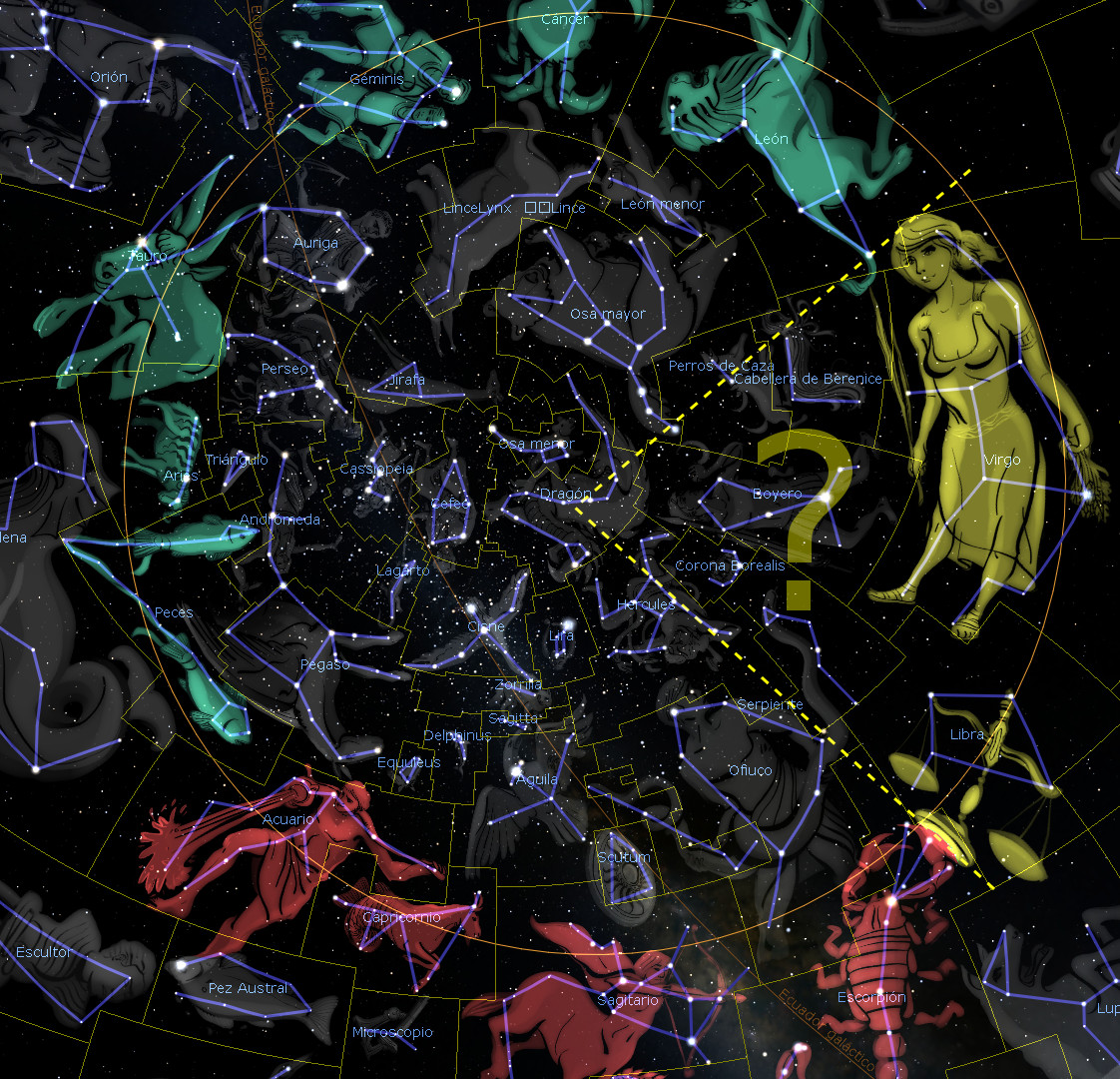 Imagen que muestra una representación visual de constelaciones en el firmamento nocturno, incluidas ilustraciones de diferentes figuras como un león, un escorpión, y una mujer representando agrupaciones de estrellas. Las líneas amarillas conectan estrellas formando patrones en el espacio oscuro, punteado de estrellas.