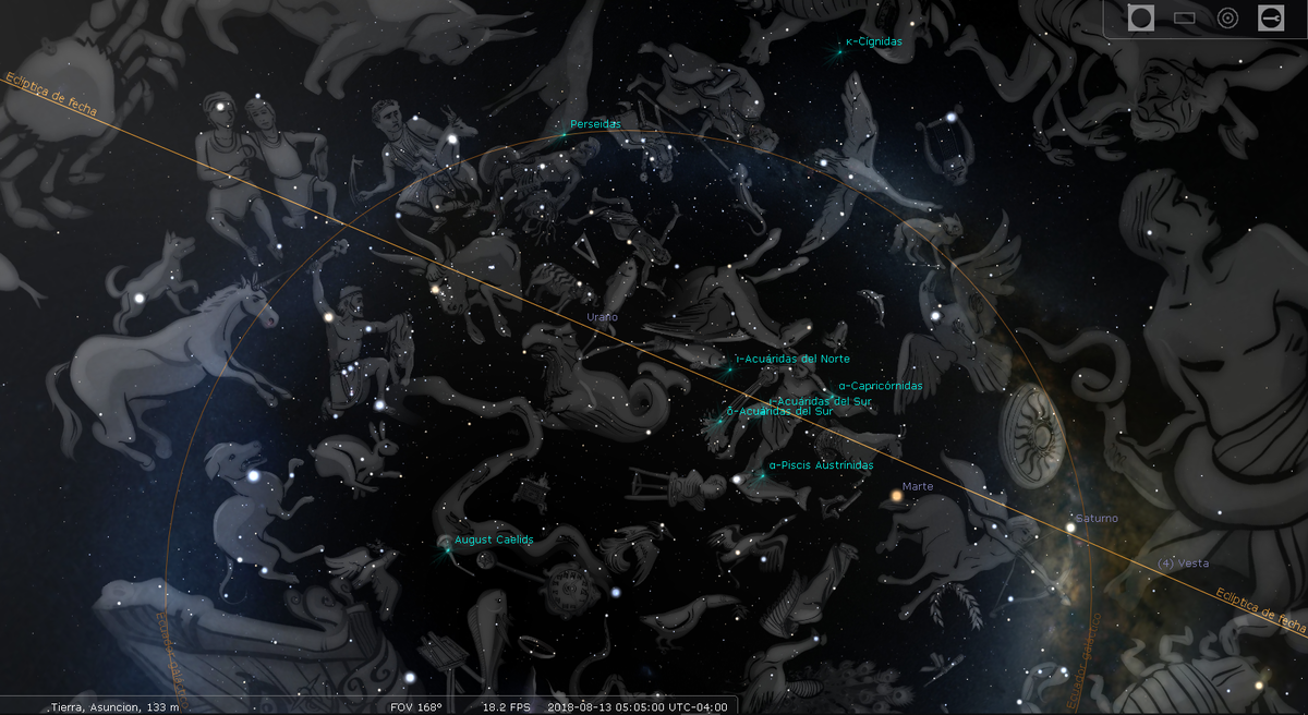 Una representación visual artística del cielo nocturno en una simulación astronómica, mostrando constelaciones clásicas y cuerpos celestes como Marte, Urano y Saturno. Se observan detalles como una eclíptica terrestre en amarillo señalando eventos cósmicos, con figuras estilizadas de diversas constelaciones que representan entidades mitológicas, rodeadas de estrellas brillantes.