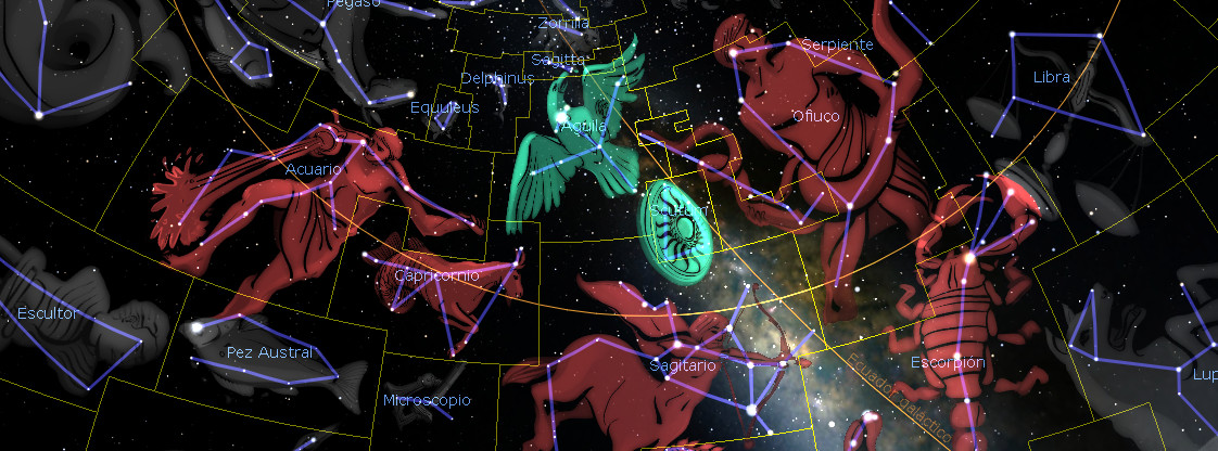 Ilustración digital que muestra una vista del cielo nocturno con diferentes constelaciones y agrupaciones de estrellas, incluidas figuras mitológicas como un arquero y un escorpión, todas conectadas por líneas y rodeadas por coordenadas celestes.