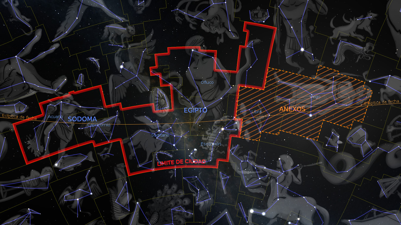 Imagen digital del cielo nocturno mostrando múltiples constelaciones conectadas por líneas, sobreimpuestas con secciones nombradas como "EGIPTO" y "SODOMA" enmarcadas en contornos rojos. Destellos luminosos y estelas de estrellas embellecen el campo estelar oscuro.