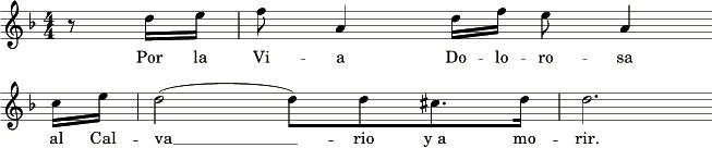 Una imagen de una partitura musical que muestra notas y letras en un pentagrama, con una clave de sol al inicio. Las palabras incluidas son: "Por la Vi-a Do-lo-ro-sa al Cal-va-rio y a mo-rir".