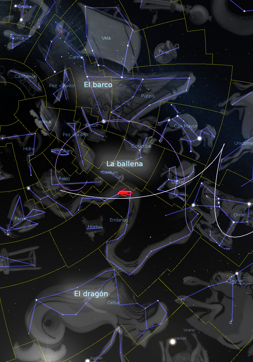 Imagen de una representación digital del cielo estrellado que muestra constelaciones con líneas conectando las estrellas para formar figuras como "El barco", "La ballena", y "El dragón". La imagen utiliza tonos oscuros para el fondo con líneas y texto en blanco y amarillo, destacándose nombres como Orión y planetas visibles como Júpiter y Venus.
