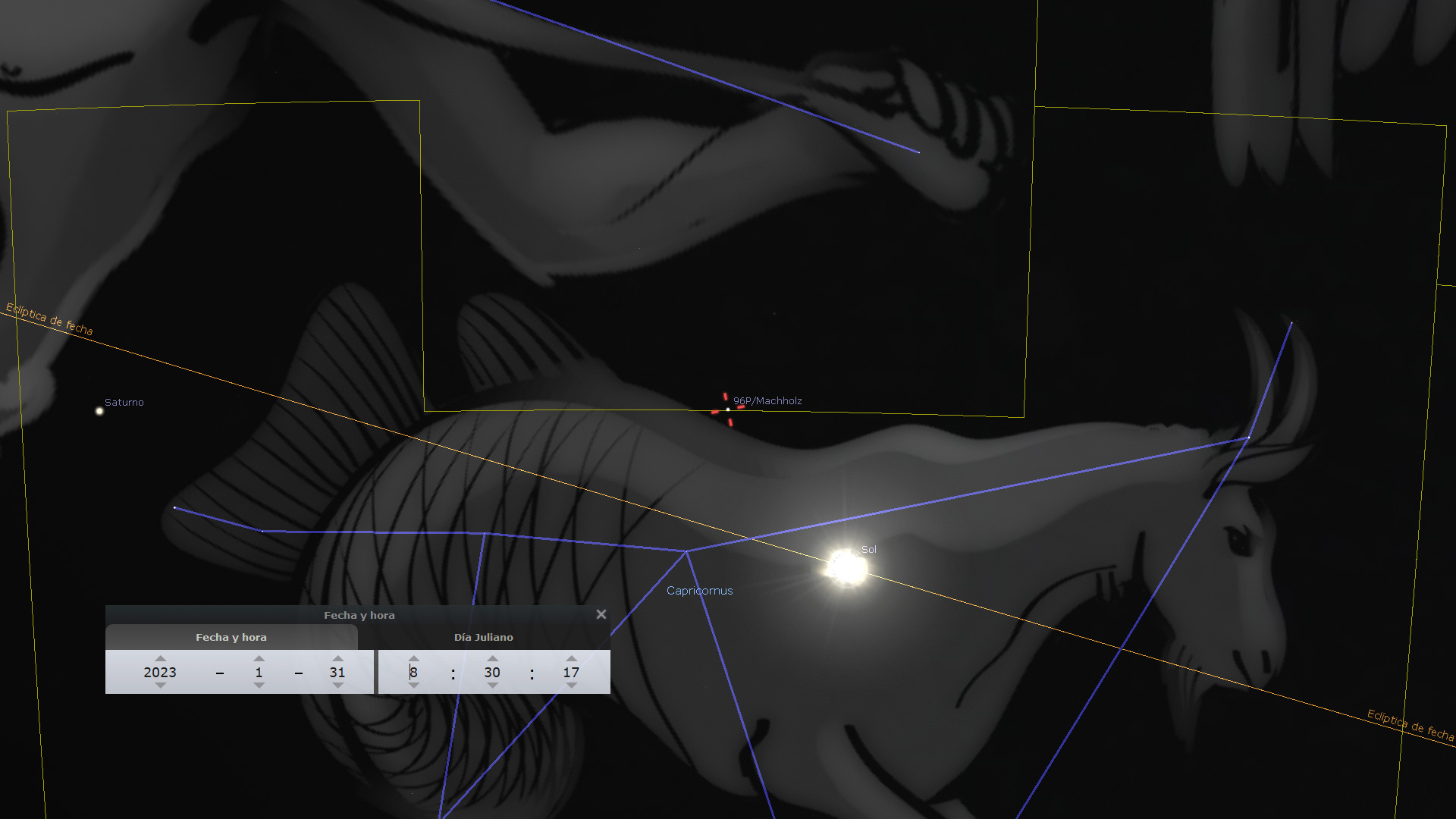 Imagen ilustrativa que combina elementos de la astronomía con una representación estilizada de un toro blanco. Con líneas y cuadros superpuestos que indican coordenadas celestes, destacan la ubicación de objetos astronómicos como Saturno y el cometa Machholz, y la posición del Sol en relación con la constelación de Capricornus en una fecha específica.