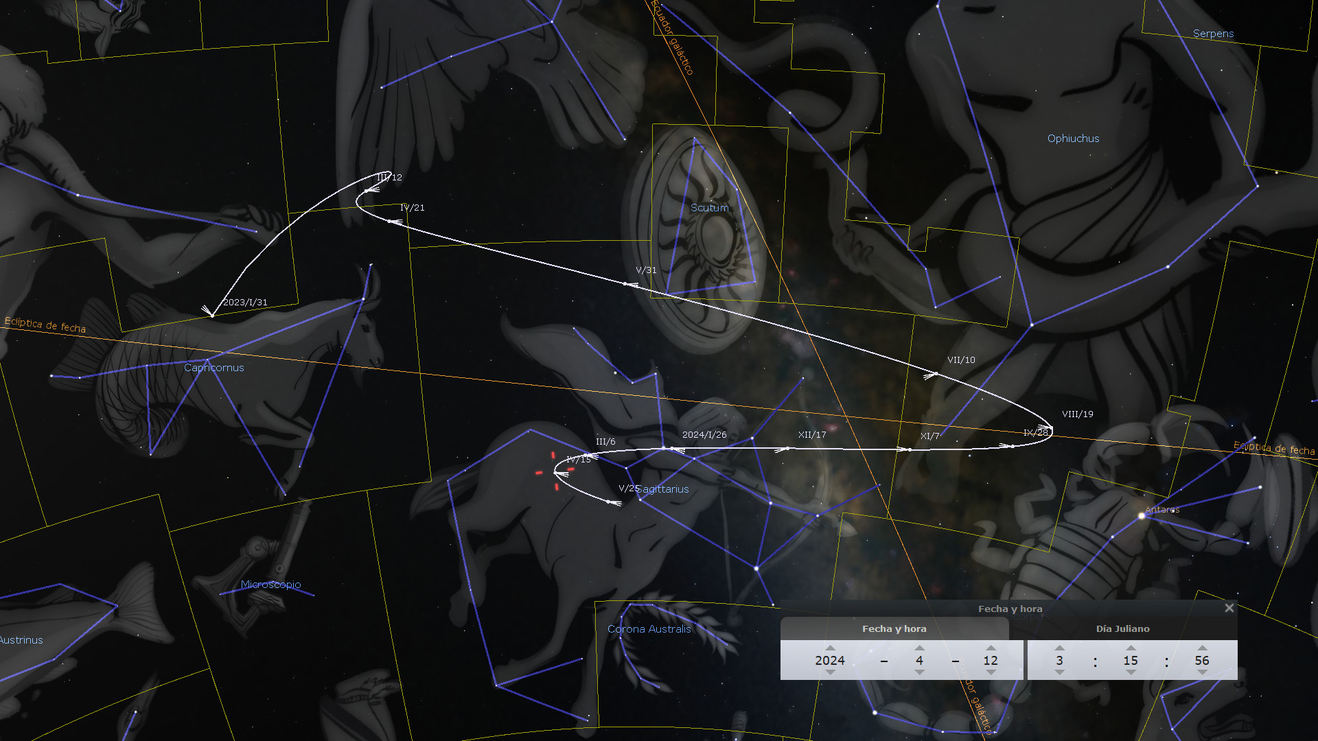 Imagen ilustrativa que muestra un mapa estelar con varias constelaciones conectadas por líneas que forman figuras estilizadas de criaturas fantásticas. Se incluyen marcadores de tiempo y coordenadas astronómicas para determinar la posición celeste.