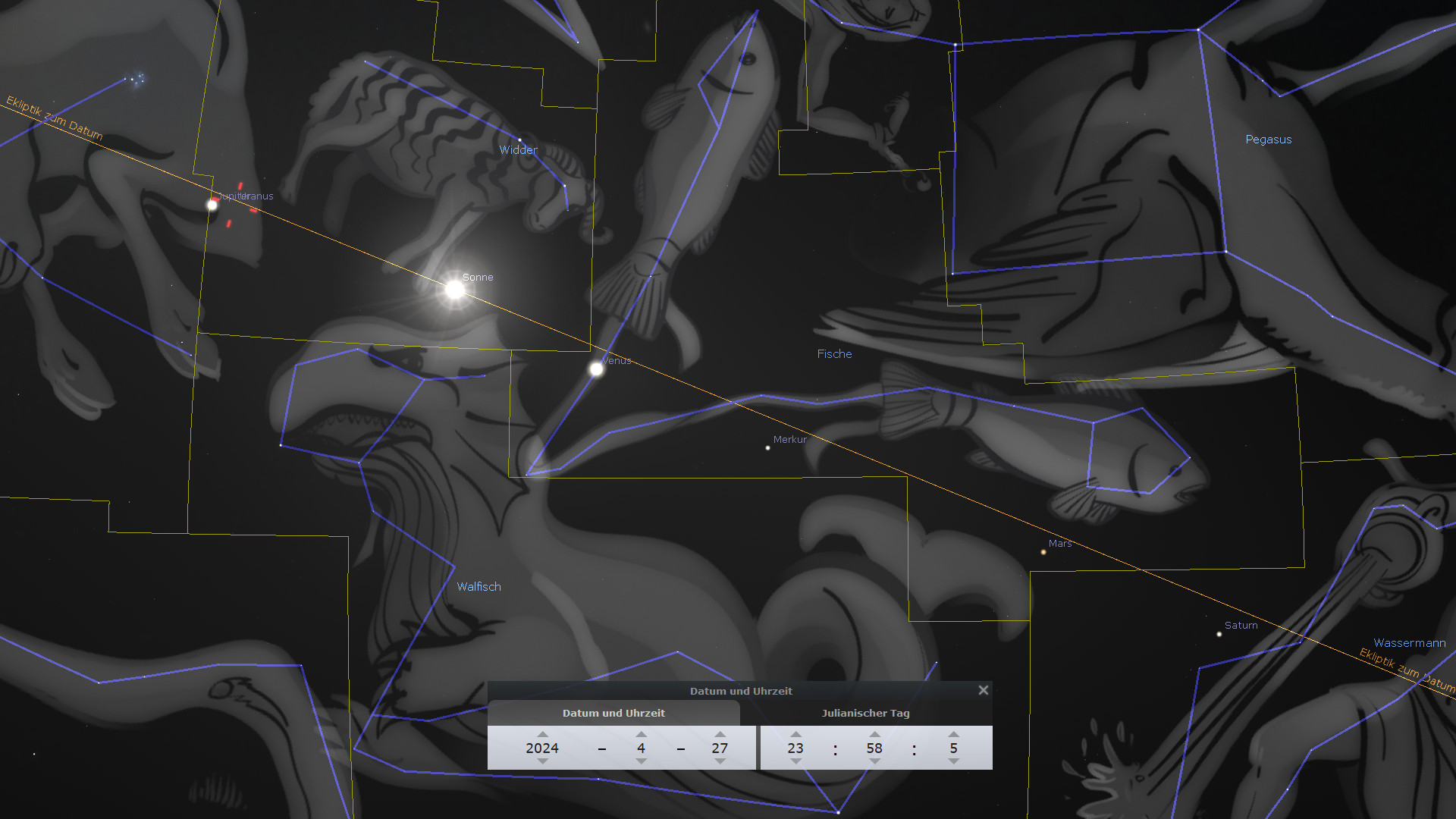 Eine bildliche Darstellung von Sternenkonstellationen und Mazzaroth-Mustern auf einem dunklen Hintergrund mit astronomischen Linien und Symbolen. Sichtbar sind Mehrere Planeten, darunter die Sonne und Merkur, eingebettet in abstrakte Darstellungen von Sternbildern wie Walfisch und Fische.