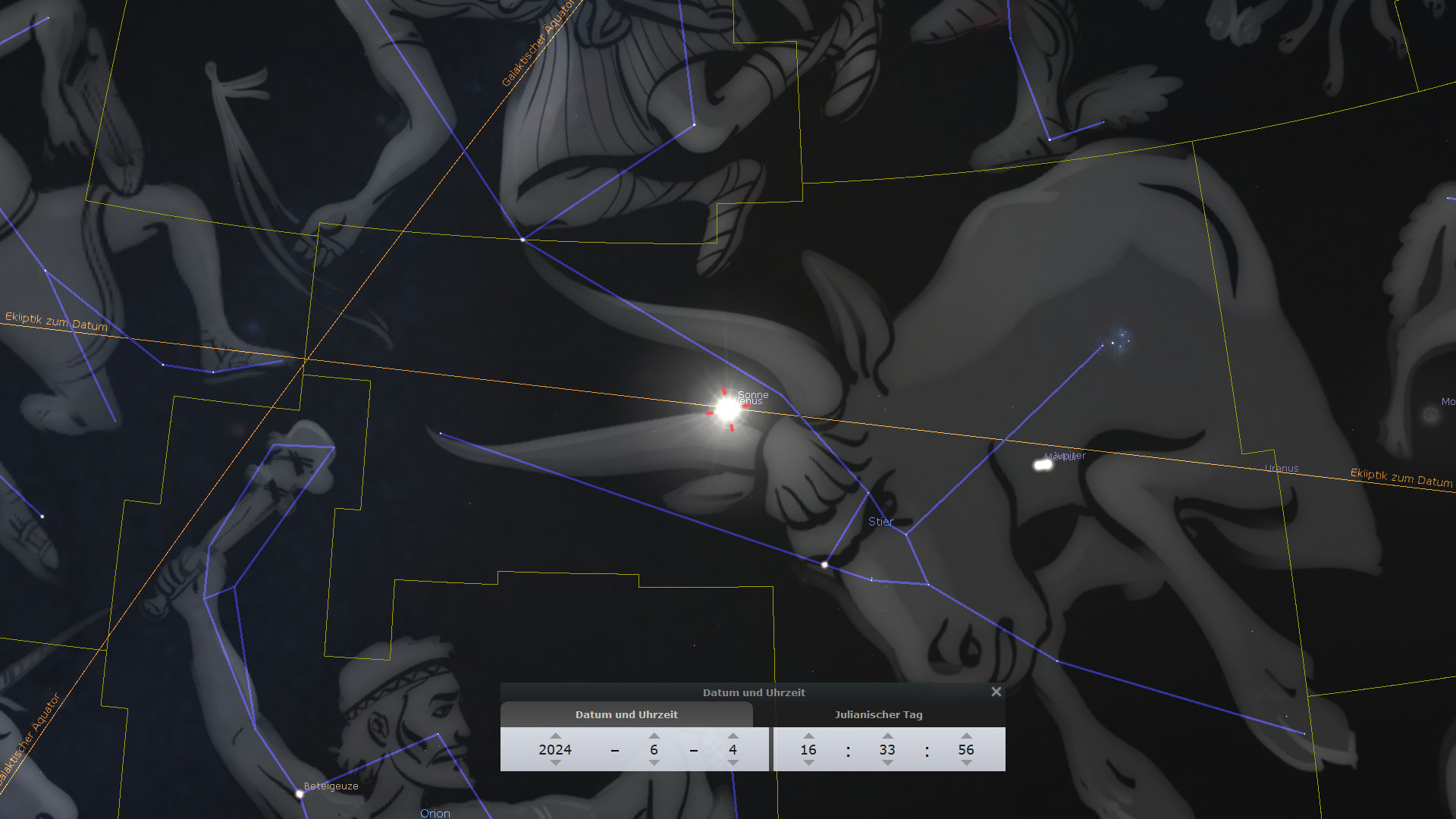 Ein digitales Sternbild zeigt verschiedene Figuren des Mazzaroth vor einem dunklen Hintergrund. Gelbe und blaue Linien gliedern die Himmelskoordinaten, während ein leuchtender Stern in der Mitte hervorgehoben ist.