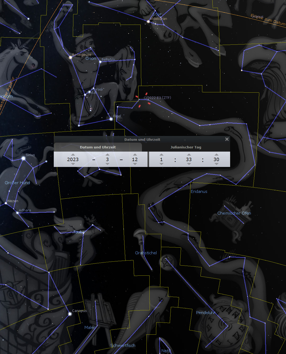 A detailed stellar map depicting various constellations including major stars like Betelgeuse in Orion and Sirius in Canis Major, highlighted against the night sky. The image includes interface elements showing date and time settings, with celestial coordinates marked in glowing lines around the figures.