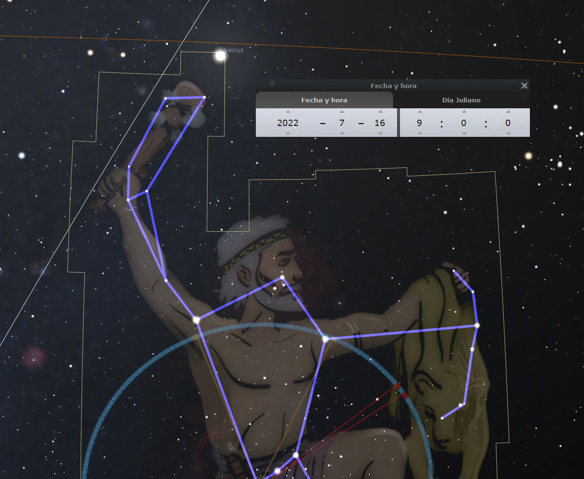 Imagen digital que muestra una representación artística de un conjunto de constelaciones en un cielo estrellado. Se destaca una figura humana con apariencia de arquero, rodeada por líneas azules que delinean su silueta entre las estrellas. En la parte superior se observa el planeta Venus. Incluye una interfaz de usuario que indica la fecha y la hora específicas, marcando el año 2022.