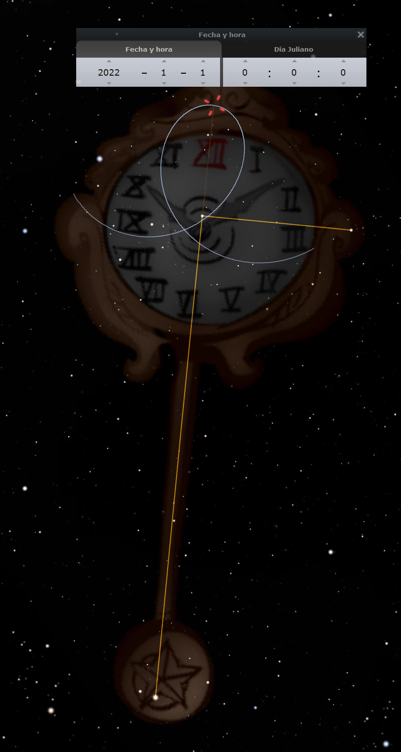 Imagen de un péndulo con marcas parecidas a las del Mazzaroth sobre un fondo estrellado, donde se destacan números romanos en su parte superior y símbolos en la base, junto a un menú digital de fecha y hora mostrando "2022 - 1 - 1 0:0:0".