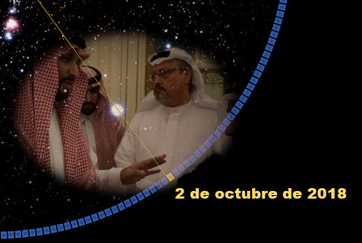 Dos hombres vestidos con trajes tradicionales árabes discuten en un interior iluminado. La imagen está enmarcada por un arco que simula el cielo estrellado y tiene la fecha "2 de octubre de 2018" escrita. La esquina superior izquierda muestra un acento visual que imita los cuerpos celestes.