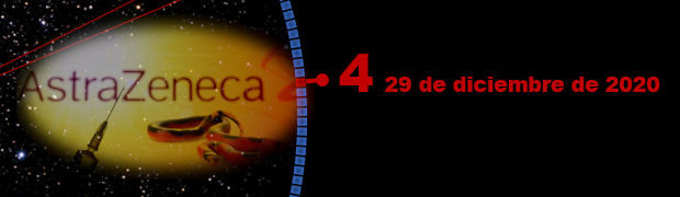 Imagen mostrando un fondo estelar con textos y símbolos superpuestos. La palabra "Astrazeneca" aparece en la parte superior izquierda sobre un fondo de estrellas, con un número rojo "-4" a su lado. En el extremo derecho, se muestra la fecha "29 de diciembre de 2020" sobre un fondo oscuro. En el centro, una representación artística de un cangrejo dorado simula estar sostenido entre dos corchetes curvos, evocando una alusión a las constelaciones sin mencionar términos asociados con la Mazzaroth.