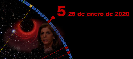 Imagen que muestra una composición gráfica con una mujer en primer plano sobre un fondo oscuro estrellado y una representación de un planeta rojo y el cosmos. Incluye texto en colores que indica "25 de enero de 2020" y "Jornada en el Mazzaroth".