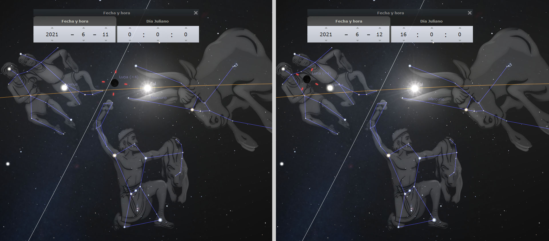 Imagen de un programa de simulación astronómica mostrando dos configuraciones diferentes de cuerpos celestes junto a representaciones de constelaciones, ubicadas en el fondo estrellado del espacio. Diferencias mínimas en la posición de la Luna, Venus, y otros cuerpos respecto a las constelaciones son observables entre las dos configuraciones. Las representaciones incluyen líneas que unen las estrellas para formar figuras humanas, con etiquetas en español que indican los nombres de los planetas y la fecha.