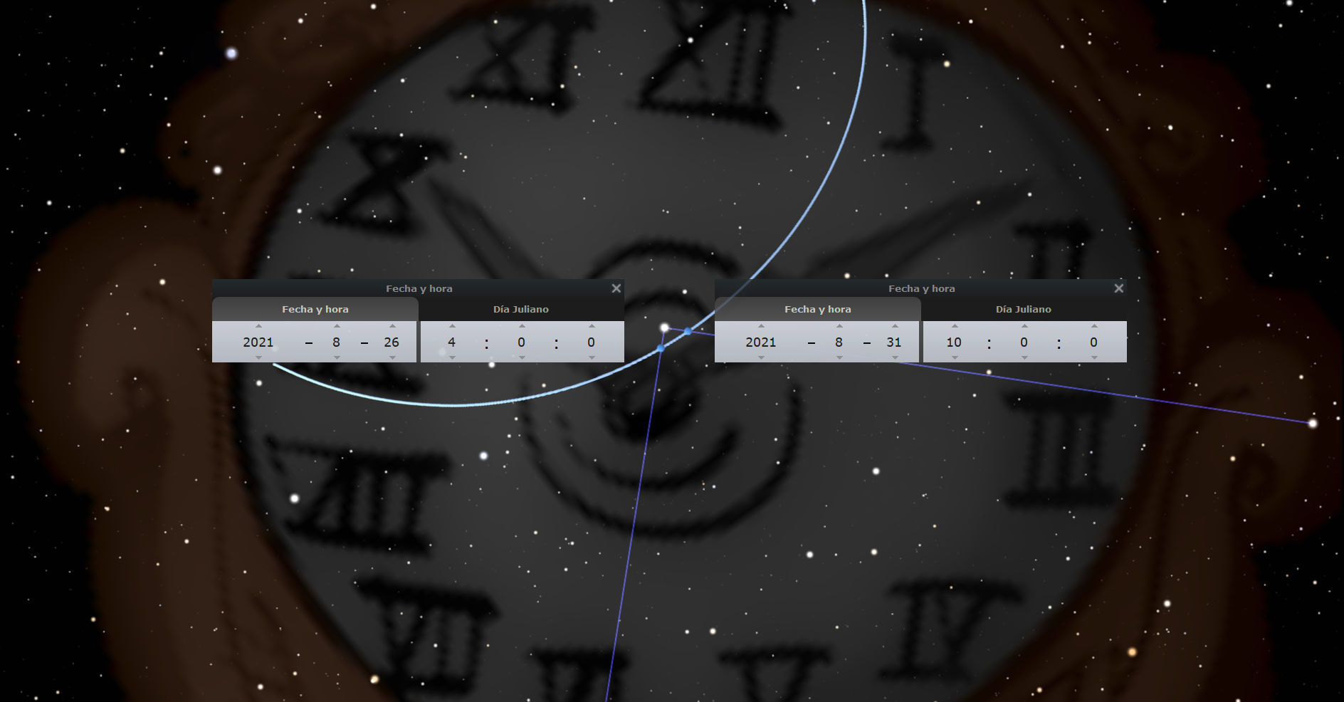Imagen digital que muestra un fondo estrellado oscuro, con una superposición de un círculo celeste dividido con símbolos romanos. Dos ventanas emergentes en la imagen muestran fechas y tiempo en formato juliano. Una línea azul conecta estas dos ventanas señalando eventos celestiales específicos.