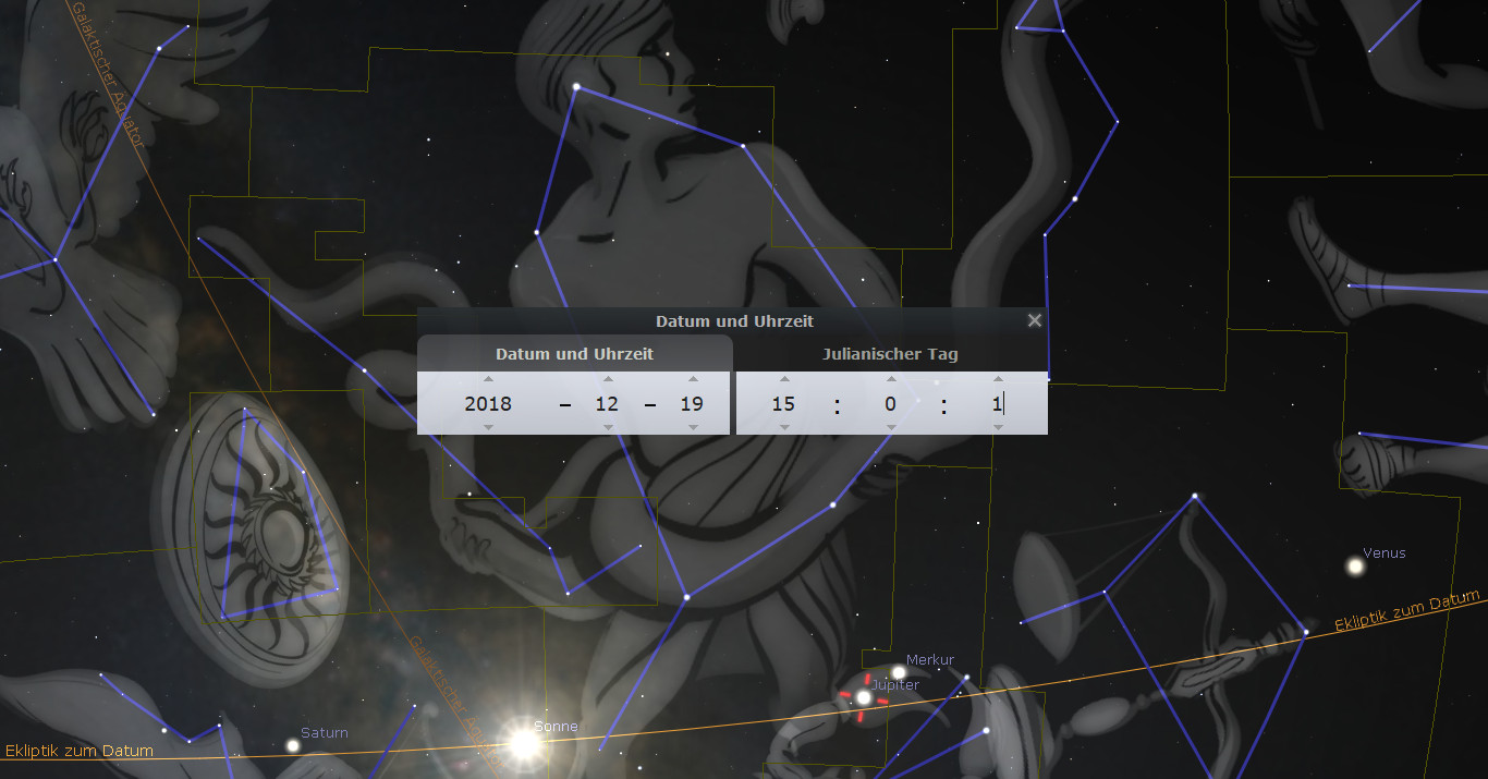 Ein astronomisches Bild mit Darstellungen von Gestalten, die verschiedene echte astronomische Objekte wie Jupiter, Saturn und Venus umgeben, verbunden durch Linien, die die Mazzaroth-Konfigurationen darstellen. Ein Pop-up zeigt Datum und Uhrzeit: 2018-12-19, 15:00:01 auf dem Julianischen Kalender.