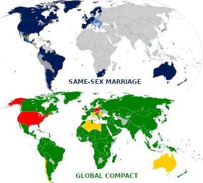 A world map highlighting countries by their stance on same-sex marriage in different colors. Countries where same-sex marriage is legal are colored in blue, those where it is not recognized are in green, regions with mixed policies are in yellow, and areas with no data are in grey.