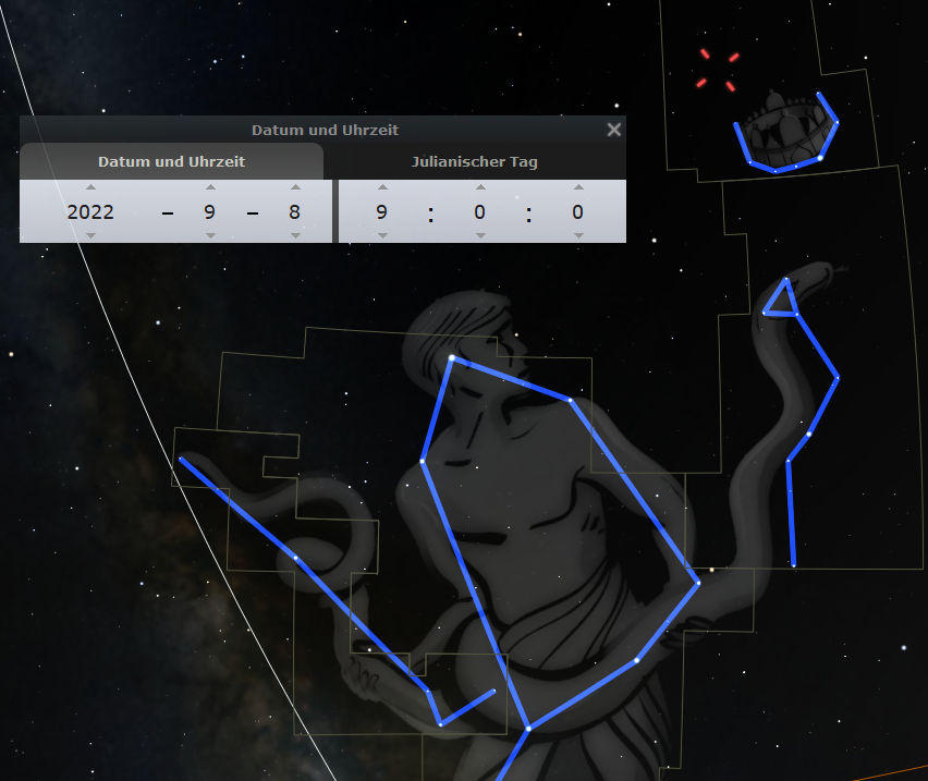 Digitale Darstellung eines nachdenklich aussehenden Mannes, umrissen durch blaue Linien, die einer Konstellation im Sternenhimmel ähneln. Im Bildvordergrund sind Fenster mit Datum, Uhrzeit und julianischem Tag zu sehen, eingestellt auf den 8. September 2022 um 9:00 Uhr. Ein Sternenkomplex oben rechts erinnert an die Form der Mazzaroth.