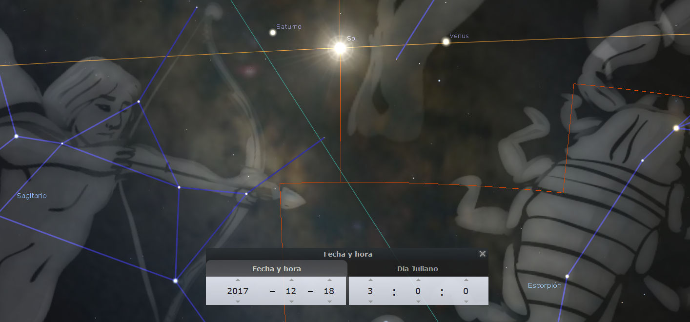 Representación gráfica de un mapa estelar que muestra la relación entre varios cuerpos celestes, como Saturno, el Sol y Venus. Incluye imágenes superpuestas de figuras antropomórficas asociadas a la Mazzaroth, específicamente las representaciones de un arquero y un escorpión, conectadas por líneas a los cuerpos celestiales mencionados. En la parte inferior, un panel muestra la fecha y hora del 18 de diciembre de 2017 así como el día juliano correspondiente.