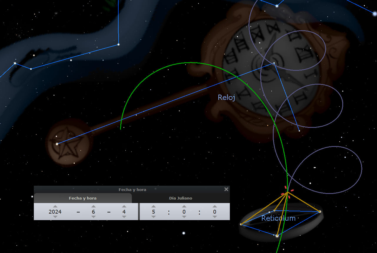 Imagen astronómica digital que muestra una representación visual de elementos celestiales con líneas y trayectorias en distintos colores. Destacan un reloj antiguo con símbolos inusuales en su esfera, una configuración de software de astrofísica indicando la fecha y hora, y una constelación etiquetada como Reticulum. El fondo estrellado y los instante a tema astronómico completan la escena.