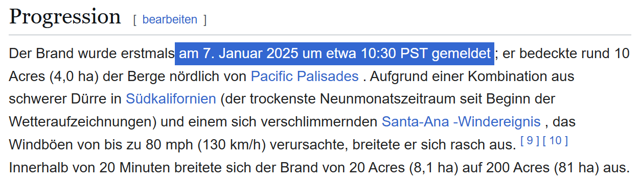 Screenshot eines Wikipedia-Artikels, der die Ausbreitung eines Brandes in Südkalifornien am 7. Januar 2025 beschreibt. Der Text erwähnt, dass der Brand durch extreme Trockenheit und starke Santa-Ana-Winde beschleunigt wurde.