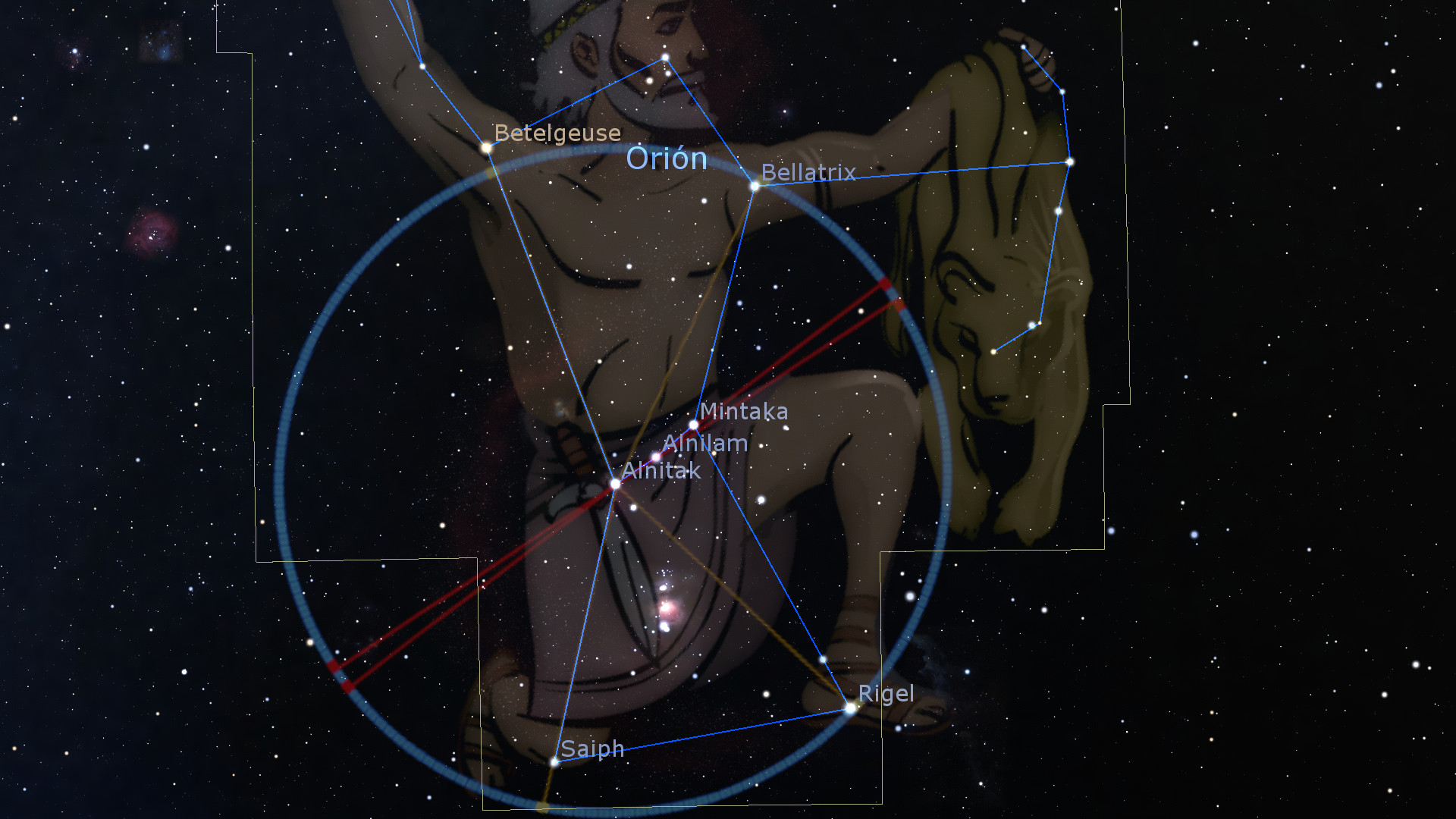 Una imagen que muestra una representación artística de la constelación de Orión en el cielo estrellado, destacando estrellas significativas como Betelgeuse, Bellatrix, Mintaka, Alnilam, Alnitak, Saiph y Rigel. Se pueden ver líneas que conectan las estrellas formando la figura de un cazador con un cinturón y una espada, rodeado de nebulosas y cuerpos celestes en el fondo oscuro del espacio.