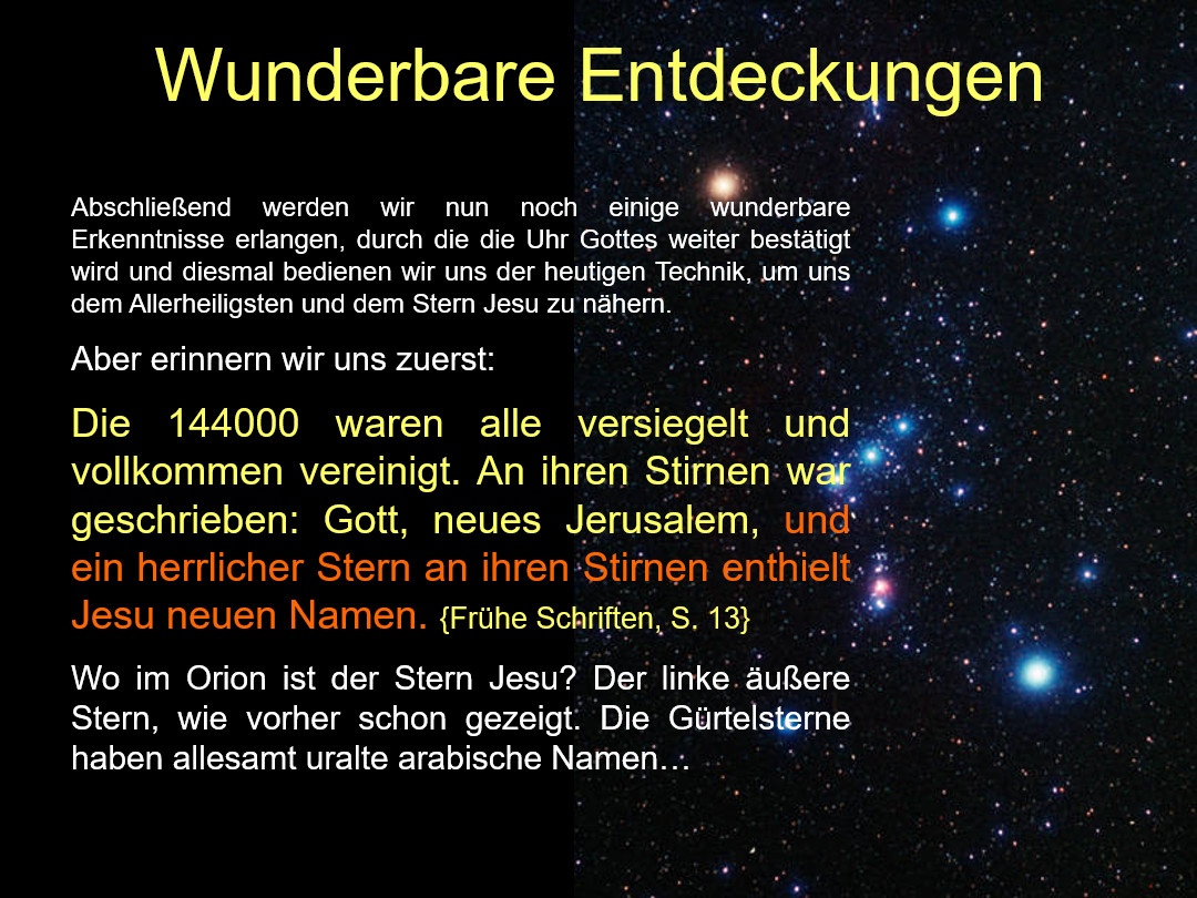 Ein dunkler Hintergrund mit einem dichten Sternenfeld. Rechts ist das Bild von einem Nachthimmel mit leuchtenden Sternen zu sehen. Auf der linken Seite steht ein deutscher Text mit einer gelben Schrift auf schwarzem Grund. Der Text diskutiert wissenschaftliche und geistige Erkundungen bezüglich des Universums.