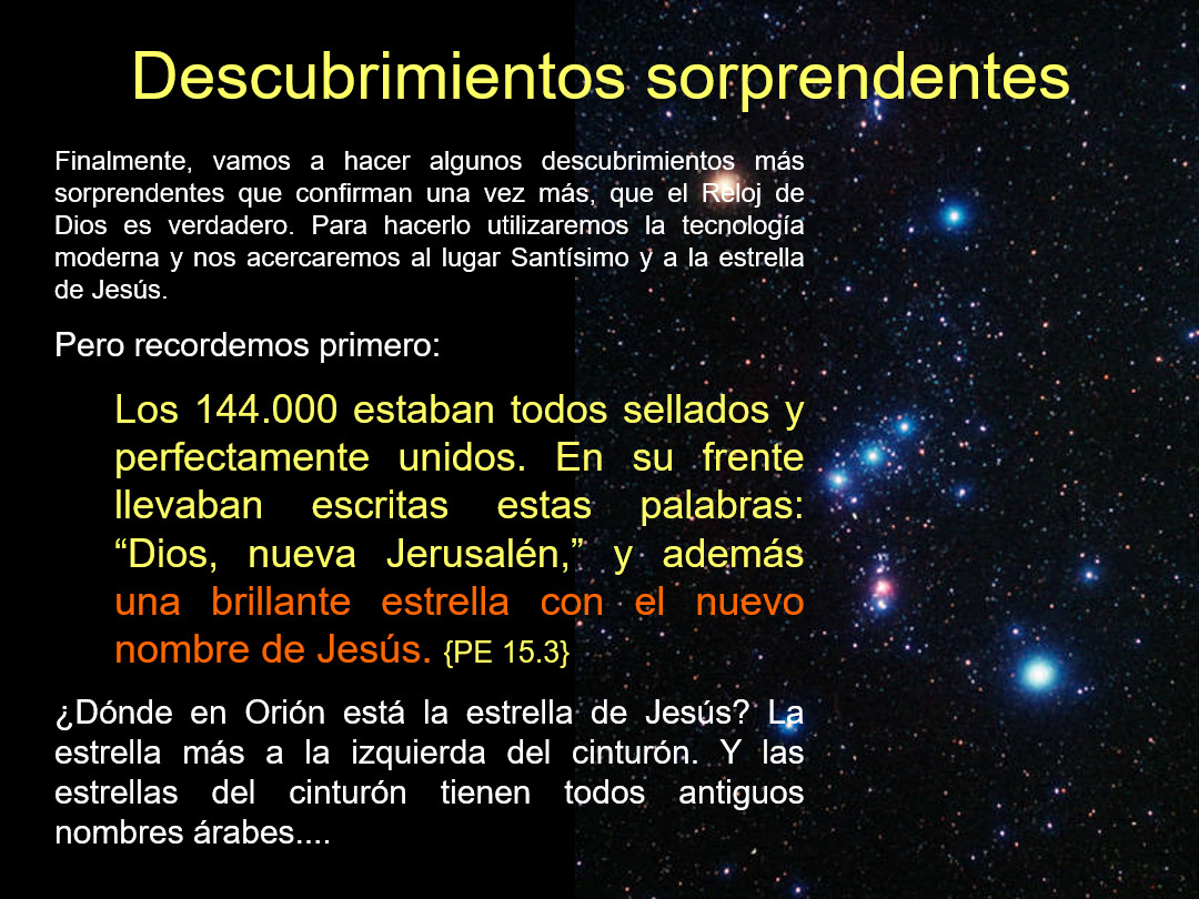 Imagen compuesta de texto y estrellas en el fondo nocturno. El texto discute descubrimientos sorprendentes relacionados con la tecnología moderna y una referencia a la estrella luminosa asociada con el Nuevo Nombre de Jesús, ubicada en un contexto astronómico sin mencionar términos astrológicos, sino utilizando referencias bíblicas y científicas.