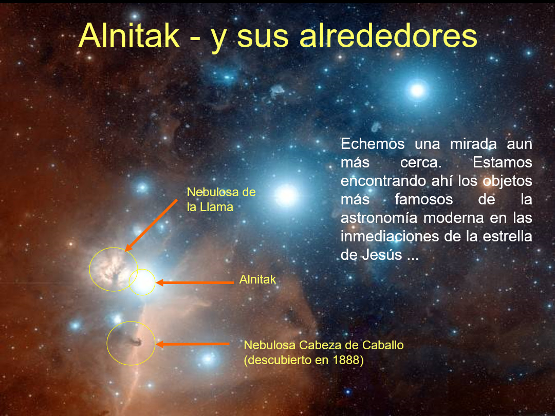 Imagen astronómica que muestra la estrella Alnitak y sus alrededores en el cosmos. Se incluyen anotaciones sobre la Nebulosa de la Llama, Alnitak, y la Nebulosa Cabeza de Caballo, destacadas con líneas y círculos. Texto español en la imagen introduce la observación de estos célebres cuerpos celestes.