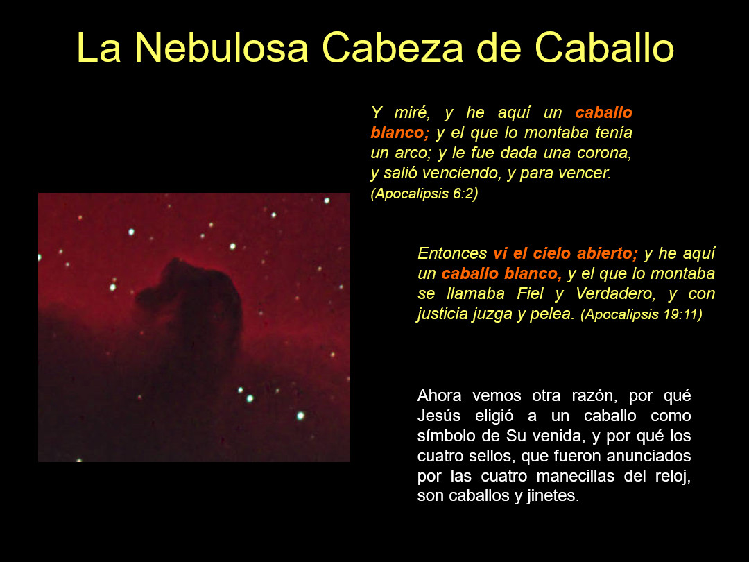 Imagen de la Nebulosa Cabeza de Caballo, una formación estelar oscura contra un fondo rojo brillante en el espacio, acompañada por texto bíblico en español que hace referencias a visiones de caballos y batallas celestiales en el libro de Apocalipsis.