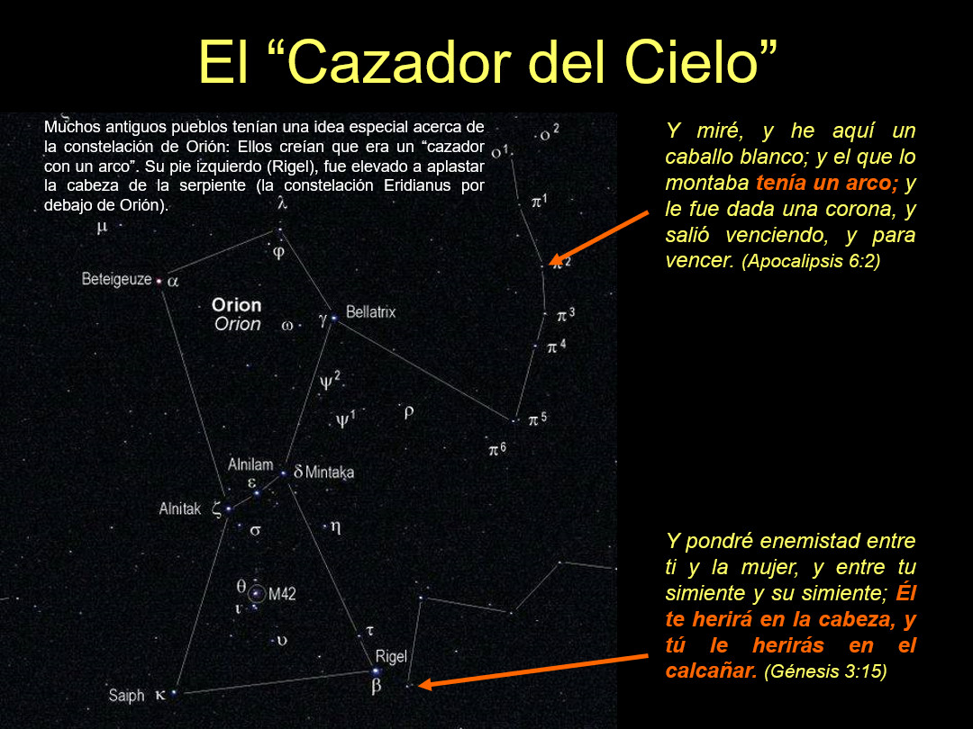 Mapa estelar mostrando la constelación de Orión con nombres de sus principales estrellas como Betelgeuse, Rigel y Bellatrix. Textos en español citas bíblicas y descripción de creencias antiguas sobre la formación estelar como un cazador.