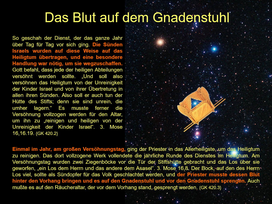 Ein visuelles Motiv mit einer Darstellung des Himmels, voller Sterne, im Hintergrund und einer Abbildung eines goldenen Stuhls mit Engelsflügeln im Vordergrund. Text in Deutsch beschreibt alte religiöse Praktiken und Zeremonien zur Sündenreinigung.