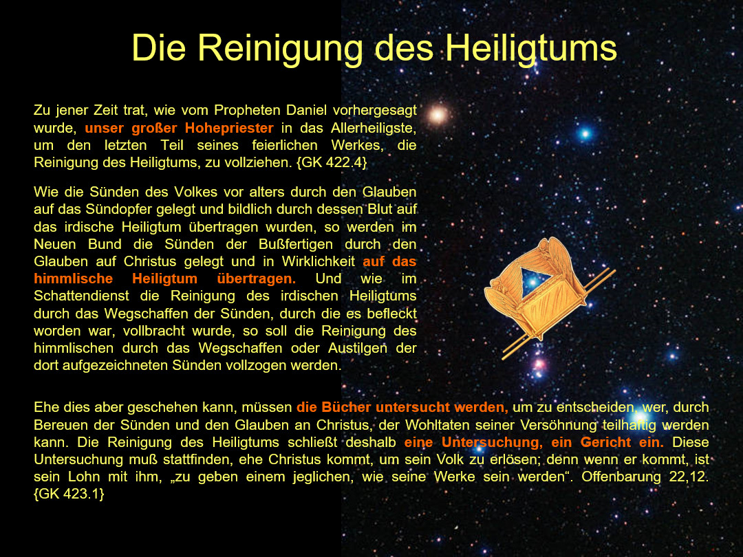 Ein Hintergrund aus Sternenhimmel mit einem zentral platzierten antiken Buch, das ein holographisches Symbol ähnlich den Sternbildern des Mazzaroth enthält. Im Vordergrund befinden sich deutsche Textblöcke über geistliche Themen.