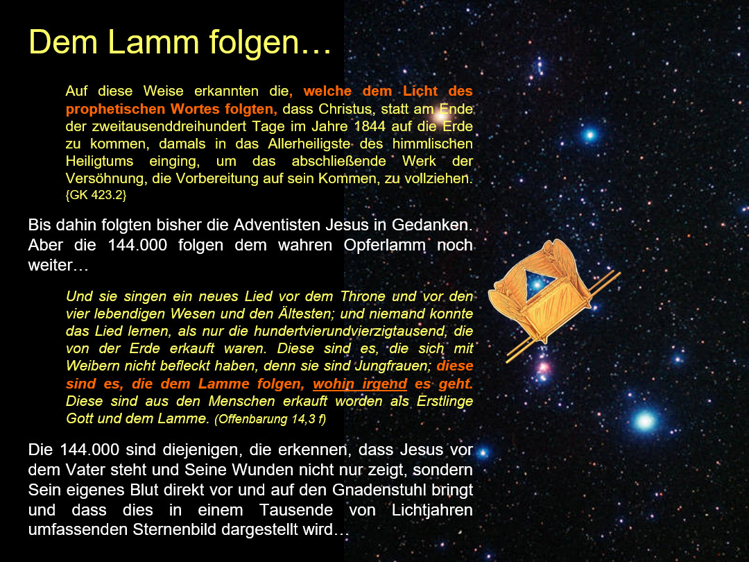Ein Bild zeigt einen nächtlichen Sternenhimmel als Hintergrund mit einem leer stehenden Thron und einem Buch darauf im Vordergrund. Der Text auf Deutsch beschreibt theologische und biblische Konzepte und verweist auf Offenbarung 14,3.