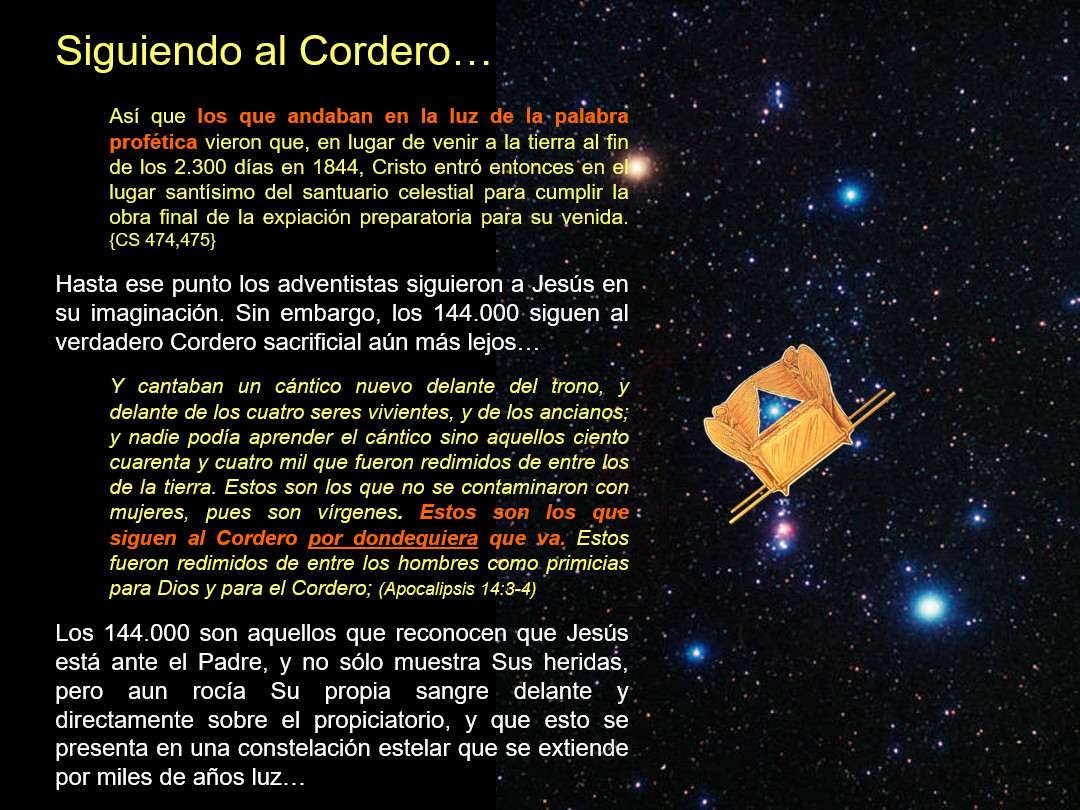 Imagen de texto en español sobre un fondo de espacio estelar con una ilustración de un rollo antiguo y Mazzaroth. El texto discute temas bíblicos y celestiales con referencias a Apocalipsis 14:3-4 sobre los 144,000 seguidores.