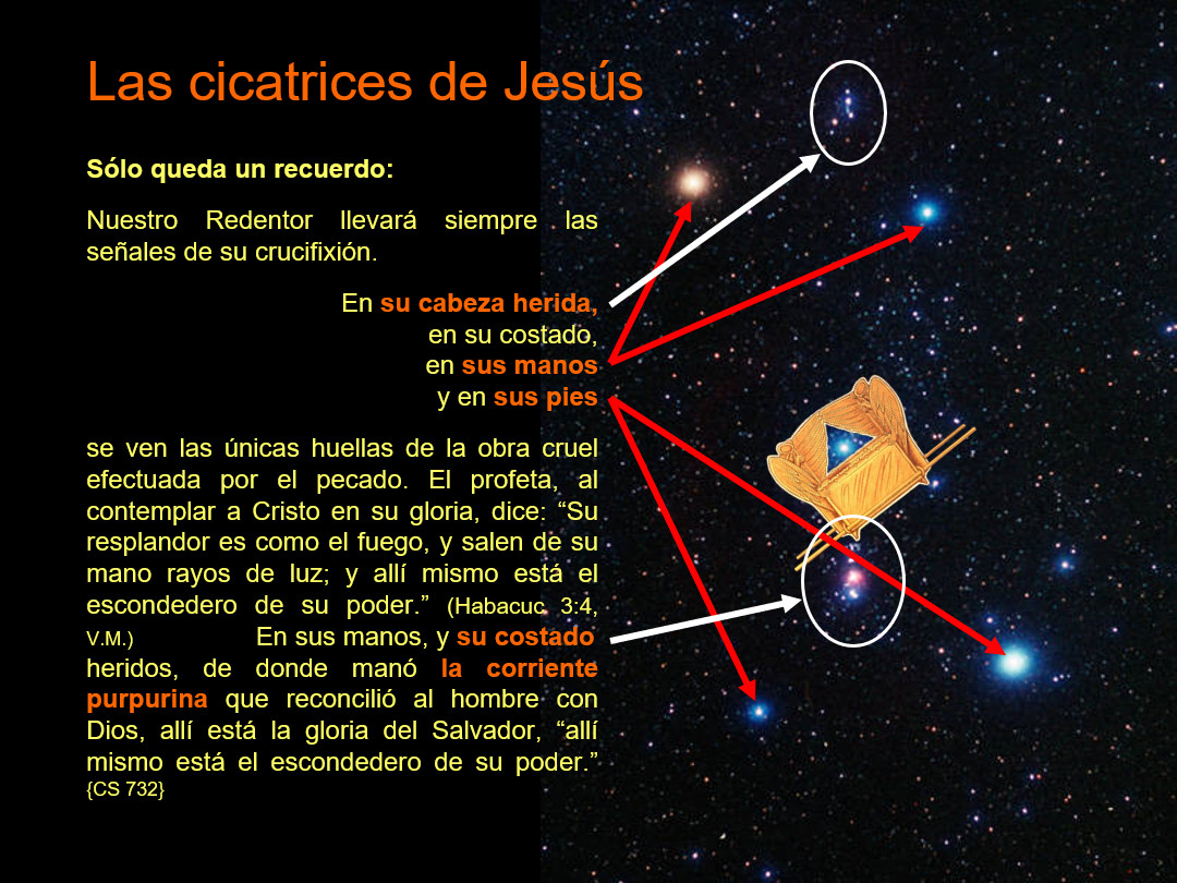 Imagen que combina elementos textuales con una representación gráfica vinculada a las estrellas. El texto habla sobre las cicatrices de Jesús como recordatorio de su sacrificio, mencionando específicamente su cabeza, costado, manos y pies. Visualmente, se muestra un fondo estrellado con una imagen superpuesta de un libro abierto. Líneas rojas conectan el libro a ciertas estrellas, simbolizando una conexión celestial.