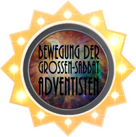 Ein kreisrundes Logo umgeben von einem strahlenden Sternenkranz. Im Zentrum des Logos steht in deutscher Sprache "Bewegung der Großen-Sabbat Adventisten" vor einem farbenfrohen Hintergrund, der an die Schönheit des nächtlichen Firmaments erinnert.