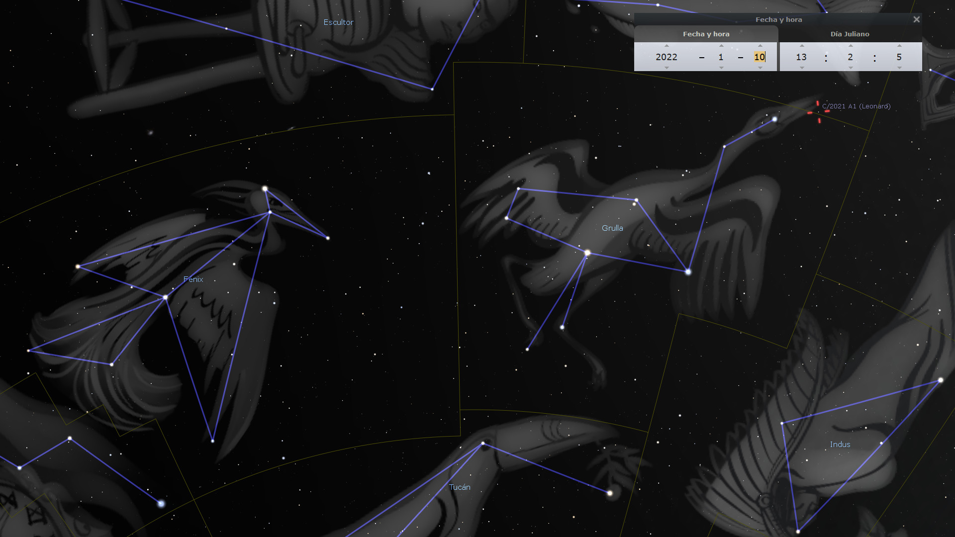 Imagen del cielo nocturno mostrando diversas constelaciones conectadas por líneas azules, entre ellas Fénix y Tucán, en un fondo de estrellas. Se incluye una interfaz de usuario con información astronómica digital, como la fecha y coordenadas celestes.