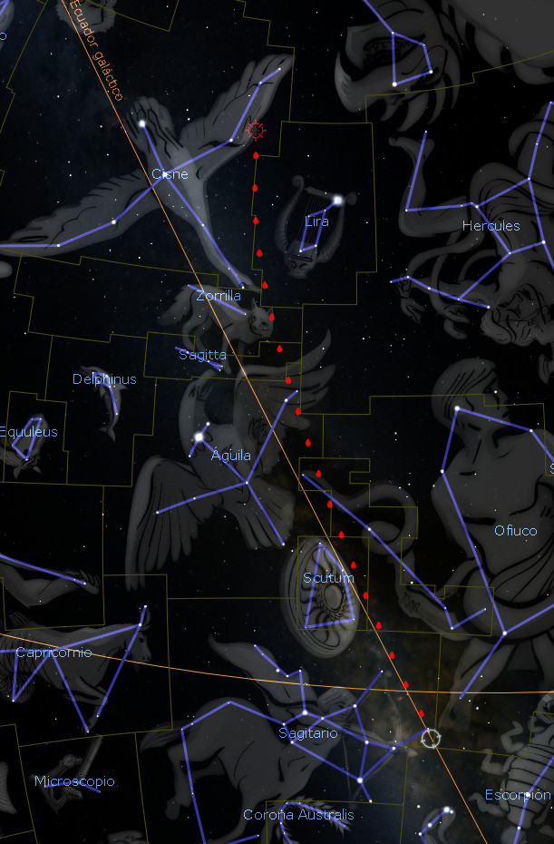 Ilustración digital que representa una vista detallada del cielo nocturno con numerosas constelaciones marcadas en líneas azules sobre un fondo oscuro estrellado. Cada constelación está etiquetada con su nombre, y los cuerpos celestiales están conectados por líneas rojas, indicando patrones específicos en el firmamento.