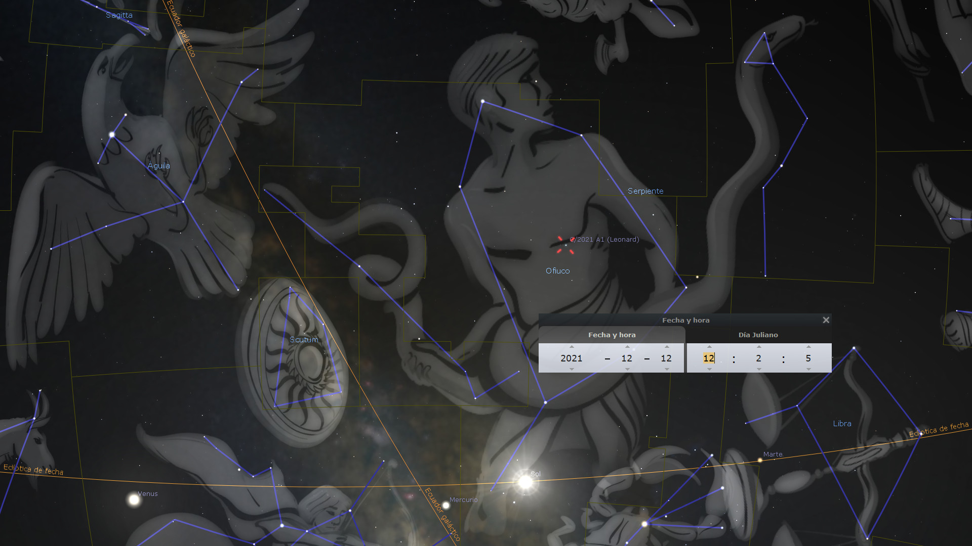 Imagen de un software astronómico mostrando una representación artística del cielo nocturno con constelaciones y planetas visibles. Se destacan figuras mitológicas en tonos grises y blancos entrelazadas con líneas azules que demarcan las constelaciones. Incluye etiquetas de diversos objetos celestes como Venus, Marte y estrellas, además de una ventana con fecha y hora indicando el 12 de diciembre de 2021.