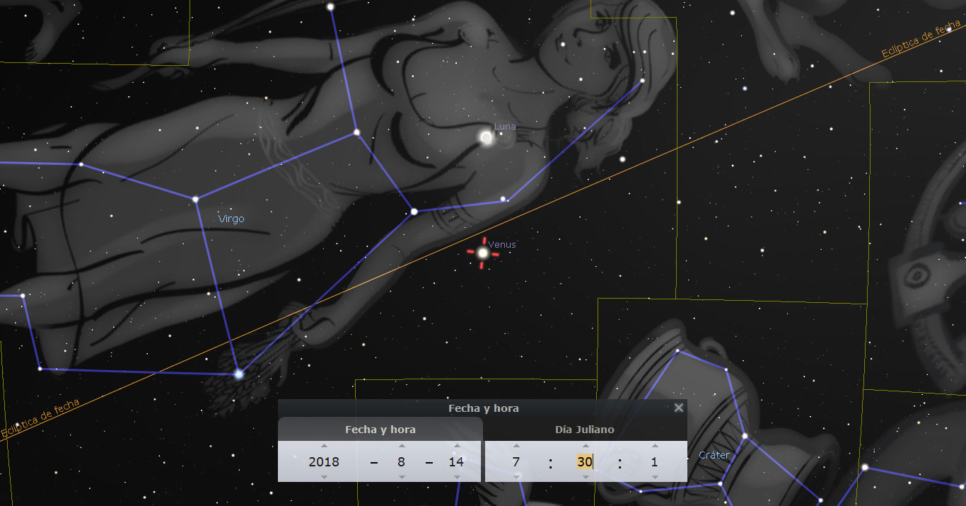 Imagen de un mapa estelar interactivo mostrando una representación artística de un conjunto de estrellas de la Mazzaroth, con la Luna y Venus visibles a un lado. La figura parece estar reclinada, extendida entre varias estrellas, rodeada por líneas que unen las estrellas clave, con etiquetas de algunos cuerpos celestes y la trayectoria de la eclíptica visible.