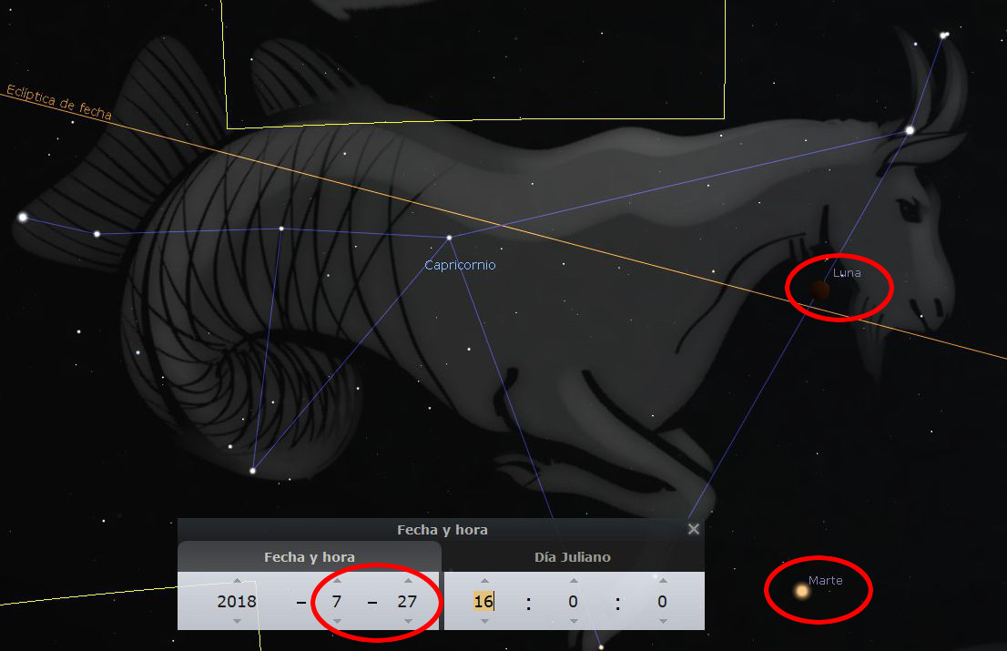 Imagen que muestra una representación artística de una constelación similar a un toro en un cielo estrellado con líneas trazadas entre las estrellas. La imagen incluye etiquetas que señalan la Luna y Marte, así como un panel inferior con información de fecha y localización celeste.