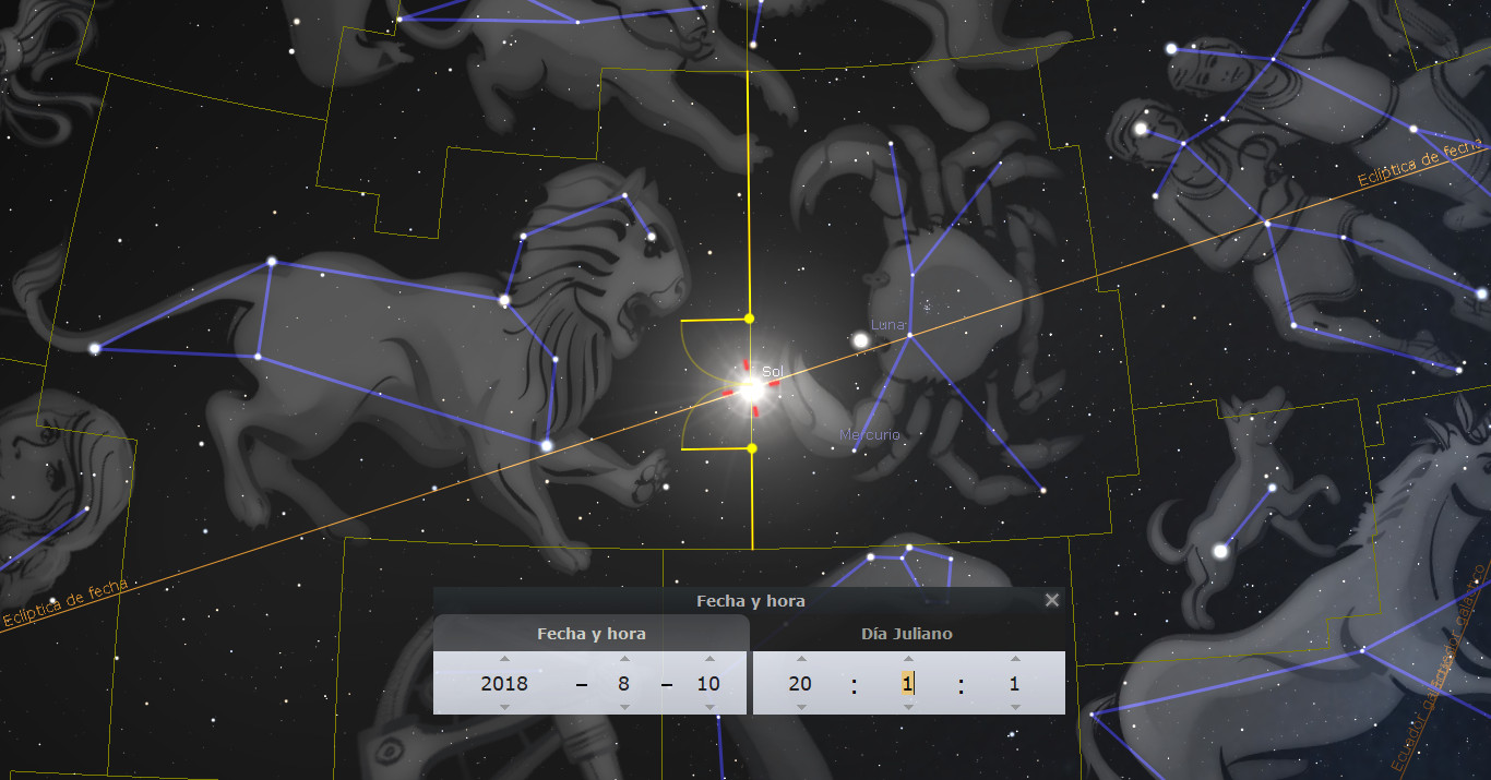 Imagen digital del cielo nocturno mostrando varias constelaciones con líneas conectando las estrellas para indicar figuras, como un león y otros animales. En el centro, la luminosidad del Sol cerca de la Luna y Mercurio, con etiquetas y una indicación de la fecha y hora en la parte inferior de la imagen.