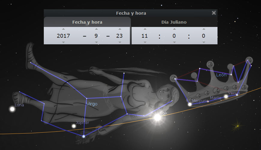 Imagen de un software astronómico mostrando el cielo nocturno en una fecha específica. La representación incluye la constelación de la Mazzaroth que simboliza a una mujer, junto con planetas etiquetados como Mercurio, Marte y Júpiter, y cuerpos celestes como el Sol y la Luna, sobre una trayectoria dorada.
