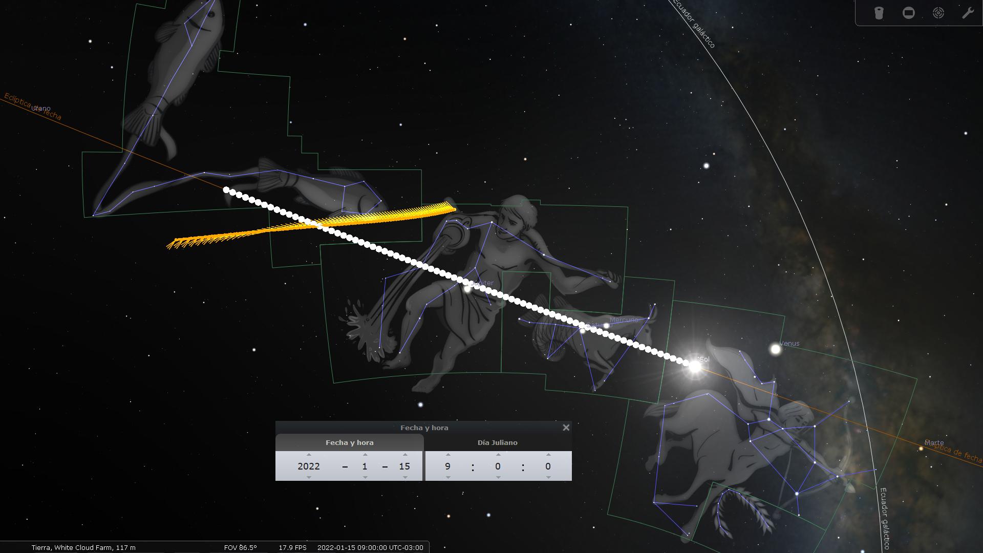 Representación gráfica del cielo nocturno mostrando constelaciones con figuras mitológicas superpuestas, incluyendo un arquero y un pez grande. Se observan líneas que conectan las estrellas formando patrones, y una línea más destacada indica la eclíptica del Sol. En el fondo, se visualizan estrellas y la Vía Láctea.