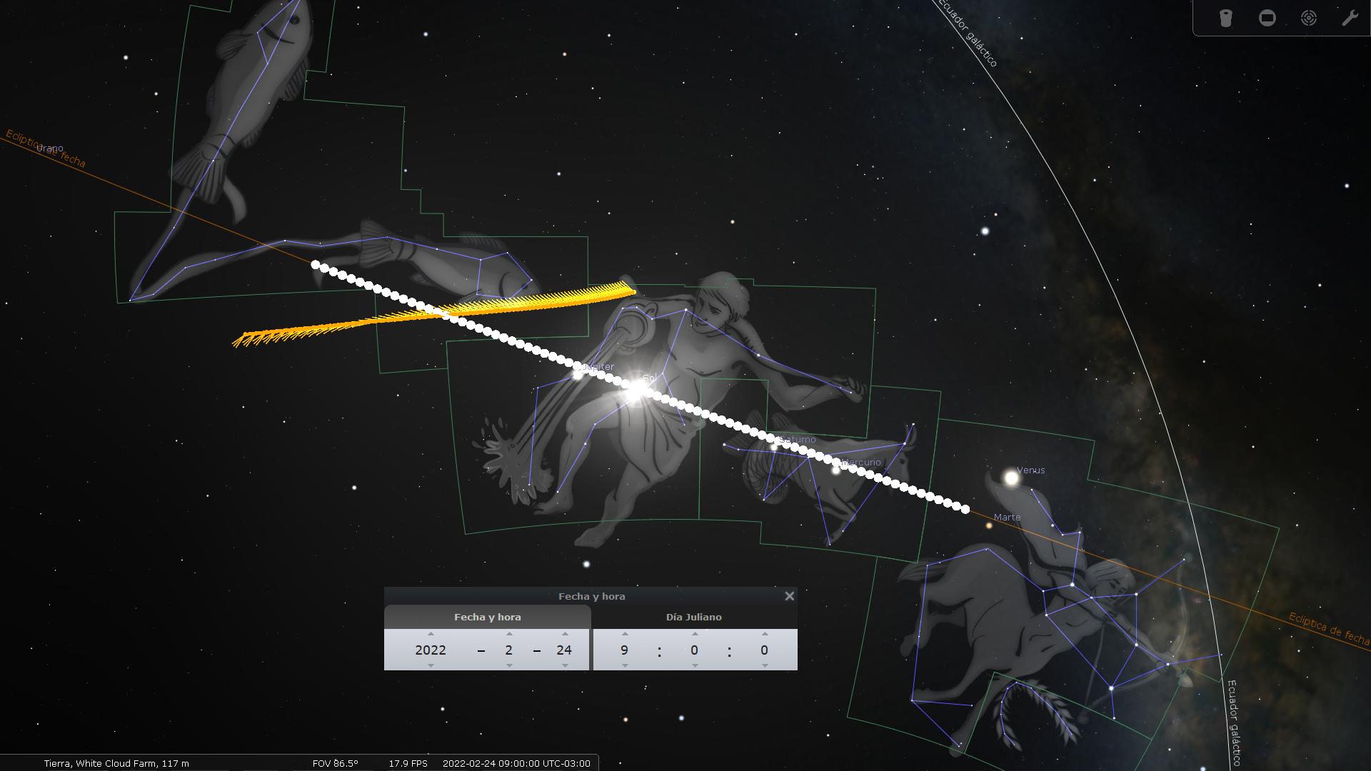 Representación digital del cielo nocturno mostrando figuras conectadas por líneas que forman una forma semejante a un arquero y un pez, con un fondo estrellado y la localización de los planetas Marte y Venus.